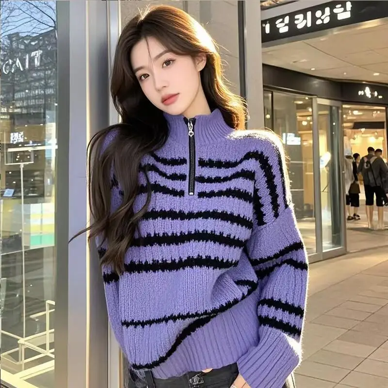 

Knitwear Woman clothes winter 2025 Women's sweater Pullover Winter clothes woman tops cozy Casual Purple Stripe Half Zip Knit