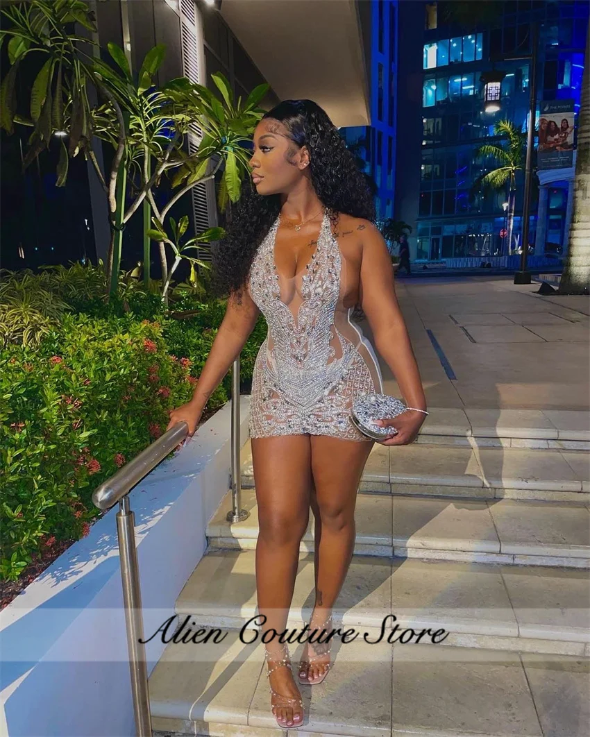 Sukienka na urodziny 2025 Srebrne Koraliki Krótka Sukienka na Bal Kryształowe Dżety Sukienka Koktajlowa typu Halter Sukienka na Powrót do Szkoły dla Starszych Dzieci Personalizowana