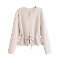 YENKYE High Street Women With Peplum Hem Faux Suede Jacket Coat Long Sleeve O Neck Female Autumn Outerwear Chic Lady Outfits