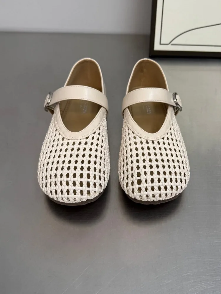 Women Casual Cowhide Hollow Out Knit Breathable Solid Color Fashion Ladies Pumps Leisure Round Toe Buckle Strap Low Heel Shoes