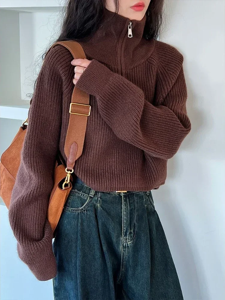 Blusas de malha feminina sólido vermelho solto engrossado quente gola alta com zíper camisola outono turndown colarinho curto pulôver feminino