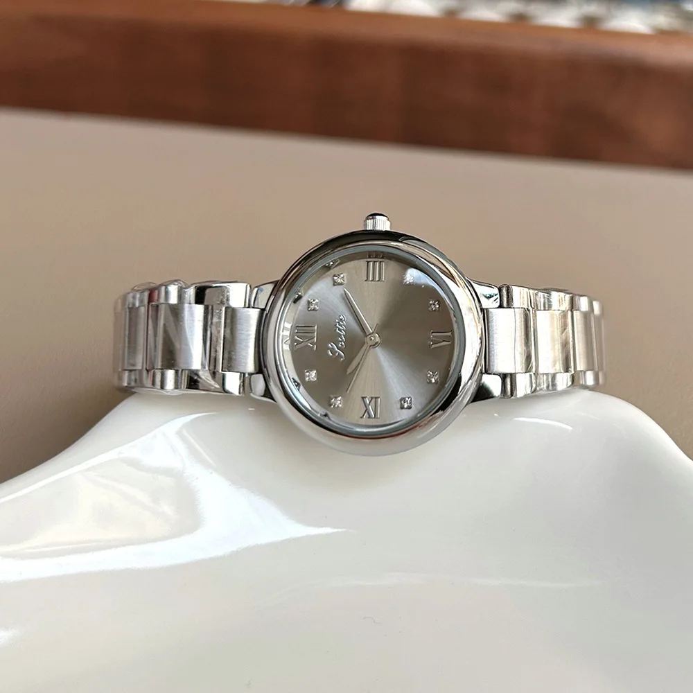 Silver Gray Steel Strip Simple Circular Rhinestone Quartz Waterproof Ladies' Watch Luxury Jewelry Ladies' Gift