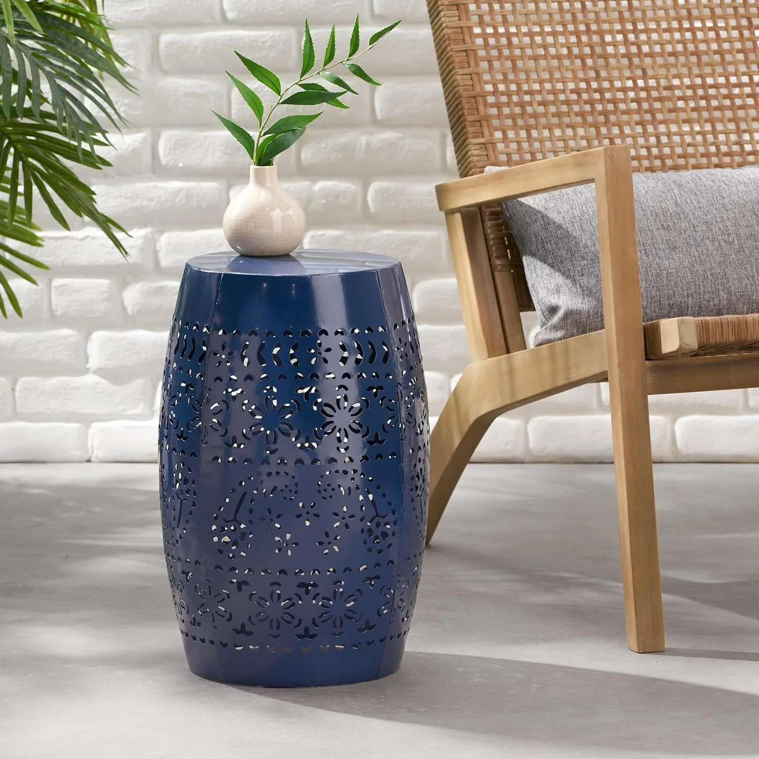 Ruby Mesa auxiliar de hierro para exteriores de 12 pulgadas, para patio, piscina, terraza, porche, uso exterior o interior, 12,25 pulgadas de profundidad x 12,25 pulgadas de ancho x 18 pulgadas de alto, azul oscuro