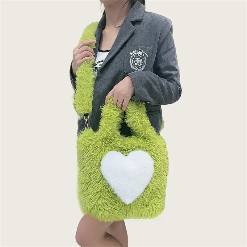 Women Fluffy Plush Tote Bag Y2K White Heart Pattern Furry Handbag, Detachable Shoulder Strap Winter Cute Crossbody Hand Purse