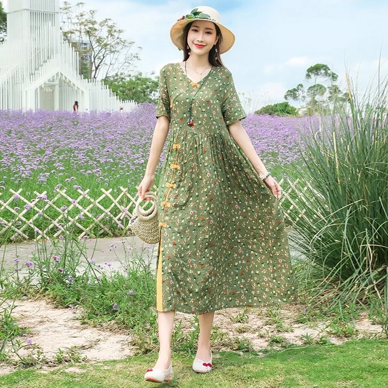 Sukienka letnia do połowy łydki 2025 Artystyczna lniana sukienka Etniczny styl Luźna Oversize Kwiatowa Klamra Casual Retro Sukienka W355