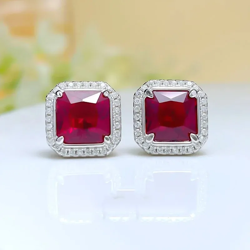 Pigeon Blood Red Ear Studs Fashion Daily Simulation Ruby  Accessories Sterling Silver Anti allergic   Sweet Square Di