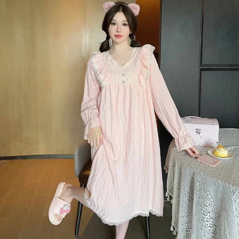 

Plus Size Spring Nightgown Women Sweet Princess Style Pajamas Cloud Cotton Long-sleeved Loungewear Homedress Can Be Worn Outside