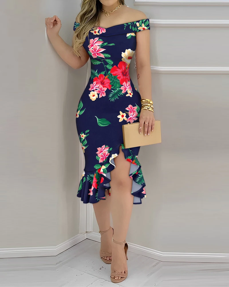 

2025 Girls' New Printed Off Shoulder Pleated Hem Tight Fitting In Stock Sexy Slim Fit Dress