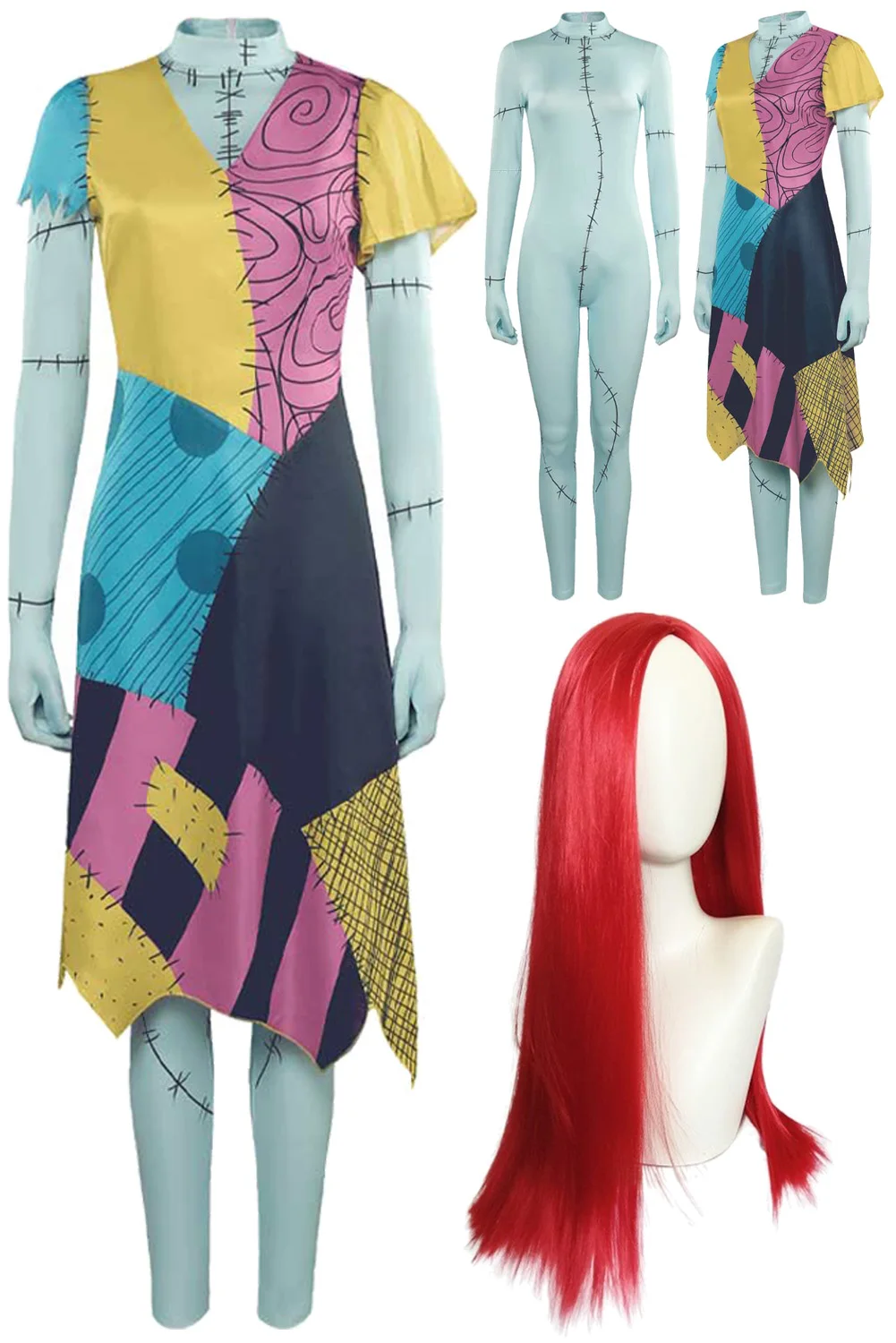 Sally Dress Cosplay Wigs Costume Movie Nightmare Cosplay Before Christmas Roleplay Jumpsuit Outfits Women Halloween Party Suits