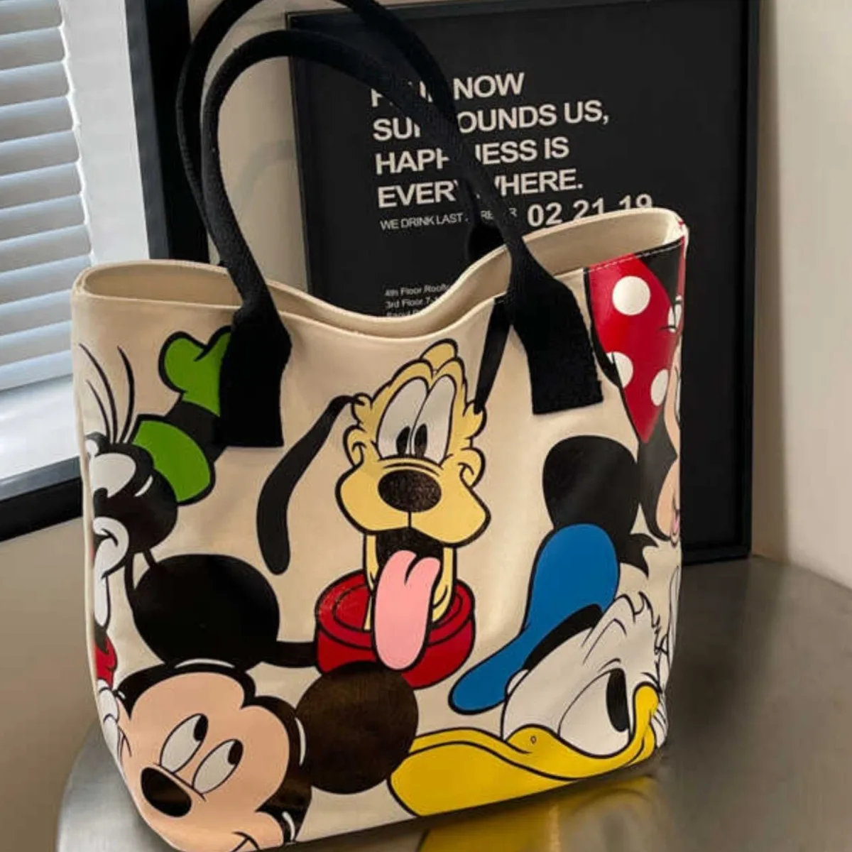 Disney Kawaii Mickey Mouse Donald Duck Embroidery Large Capacity Canvas Shoulder Bag Cute Tote Student Bag Handbag All-match