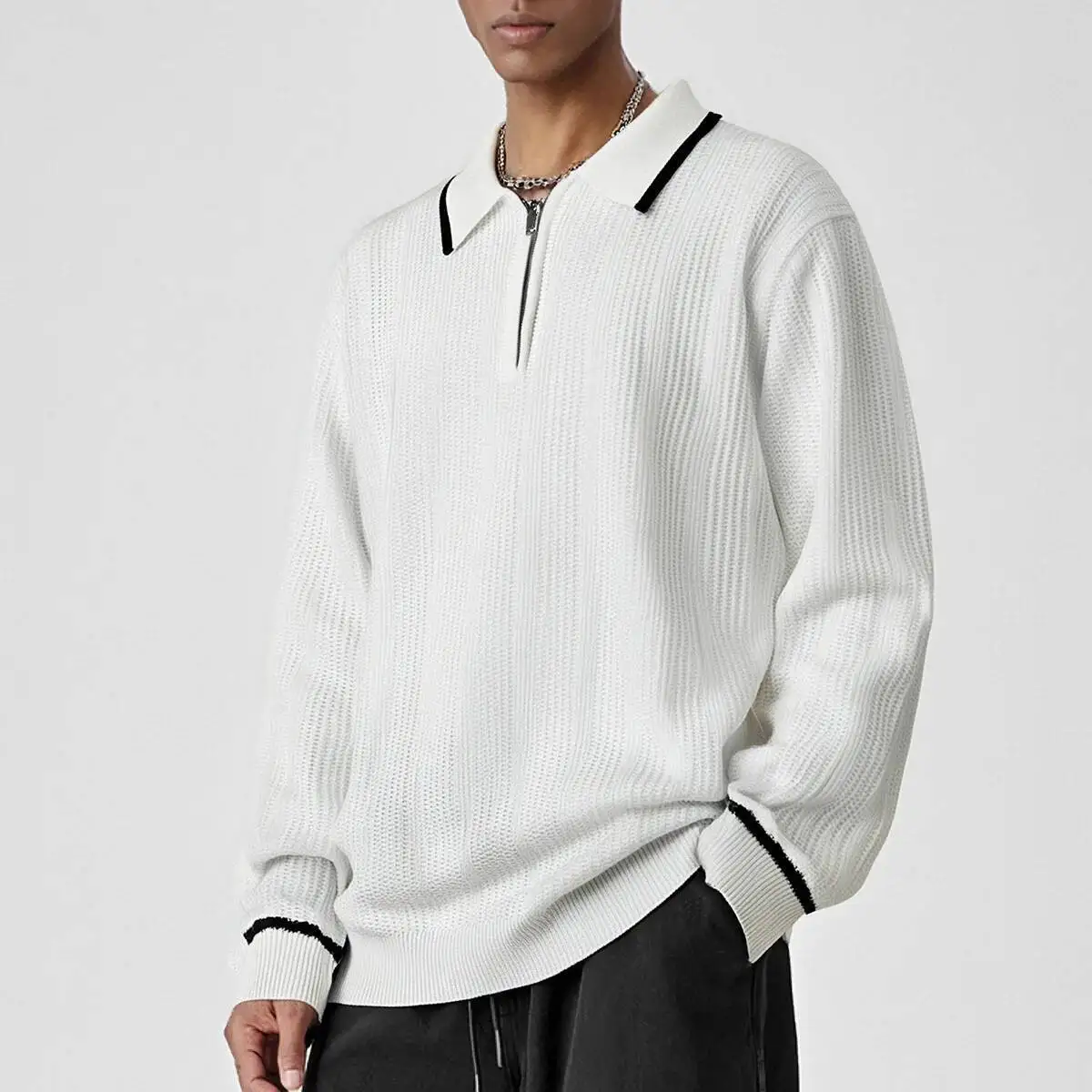 Man Sweater High Quality New Men's Retro Knitting Sweater Contrast Color Lapel Collar Comfortable Men's Knitted Pullover