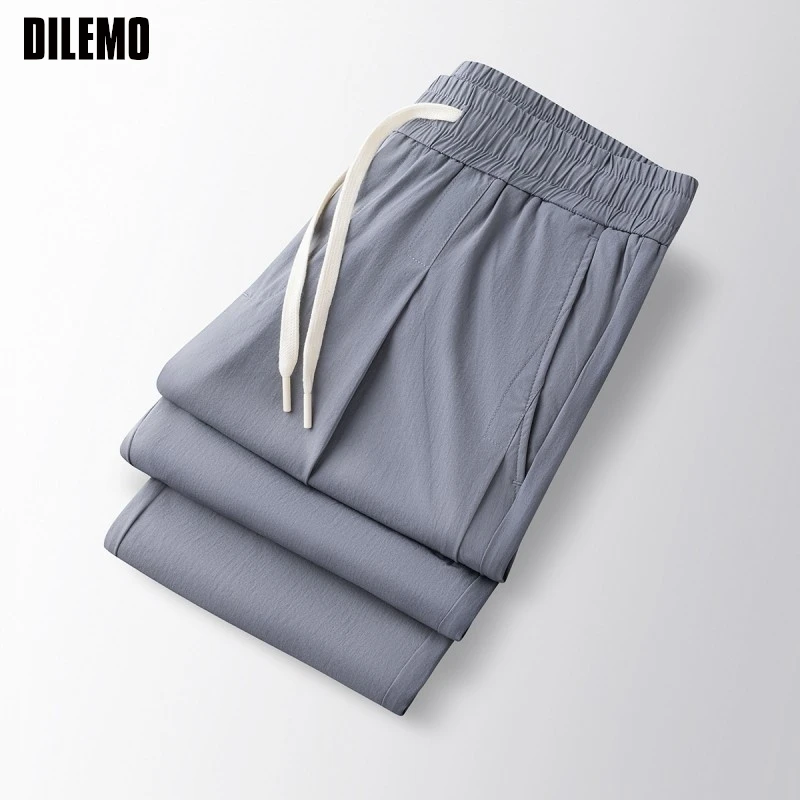 Pantalones para correr de seda de hielo de alta calidad para hombre, pantalón informal, a la moda, con tiras, holgados, de talla grande, para correr, ropa para hombre
