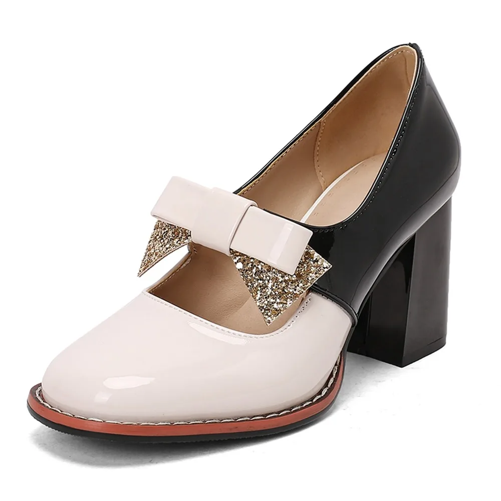 

Women Mary Jane Shoes Patent Leather 8cm Block Heel Bowknot Pumps Plus Size 33-48 Multi Color 560-7