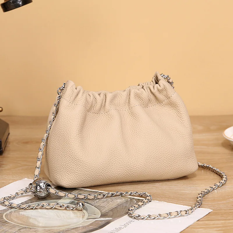 2023 New Genuine Leather Women\'s Bag Fashion Chain Cloud Bag Pleated First Layer Cowhide One Shoulder Crossbody Bag