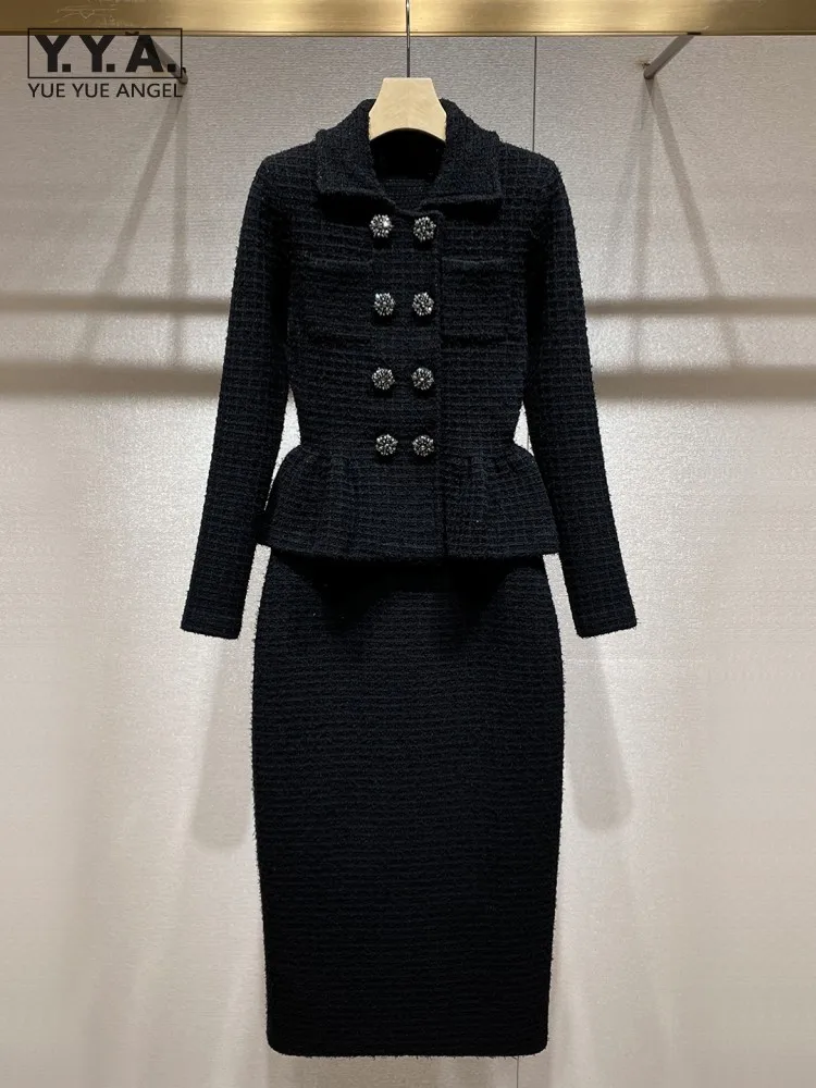 Herbst Winter Büro Elegante Weibliche Drehen Unten Kragen Hohe Taille Langen Rock Zwei Stück Set Designer Frauen Mode Passenden Sets
