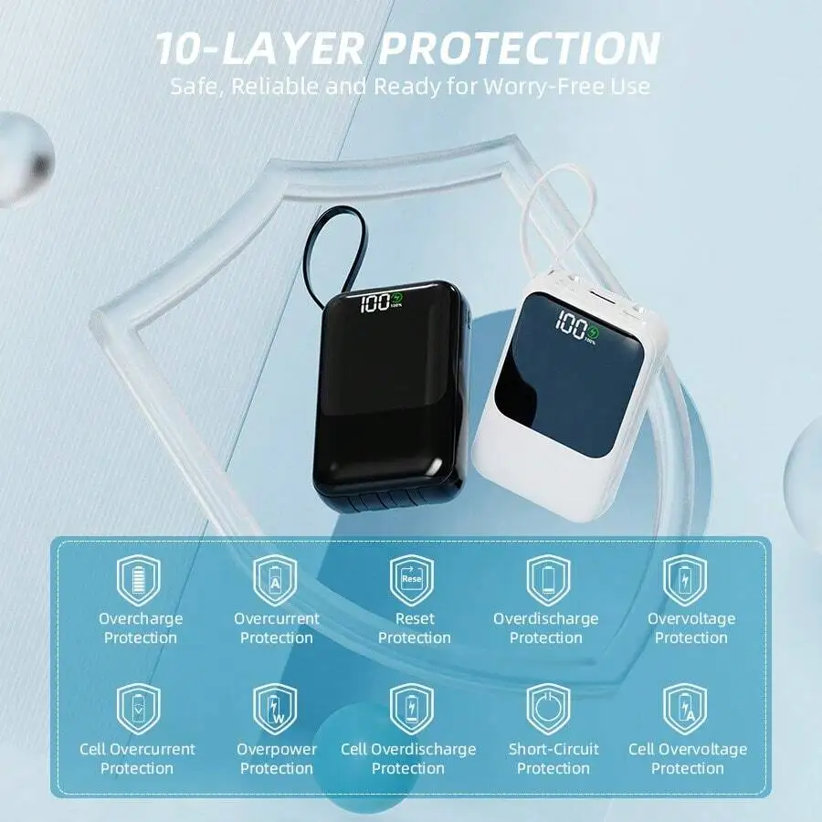 

10000mAh Magnetic Wireless Power Bank With 3 Built-In Cables LCD Display 22.5W Portable Charger For iPhone Android