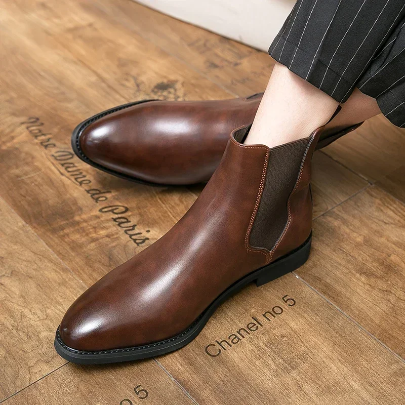 Brand Italy Dress Boots Men Slip-On Handmade Brown Designer Leather Business Chelsea Dress Office Boots for Men Large Size 38-48