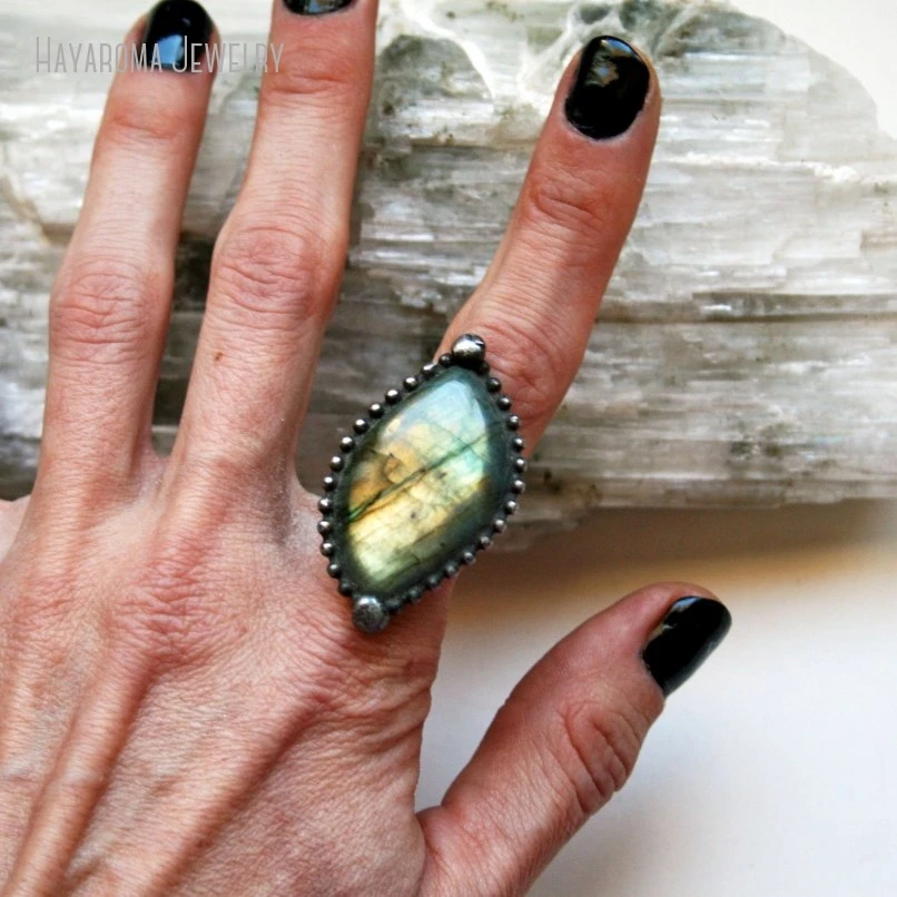 

10pcs Teardrop Marquis Rainbow Labradorite Adjustable Ring Statement Gemstone Witch Wicca Boho Women Grange Jewelry