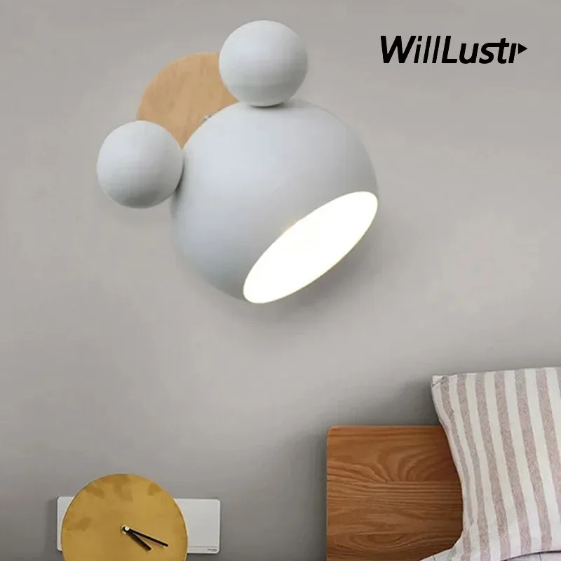 

Creative Iron Mickey Wall Lamp Nordic Wood Macaron Color Sconce Hotel Aisle Nursery Kids Bedroom Modern Pink Green Yellow Light