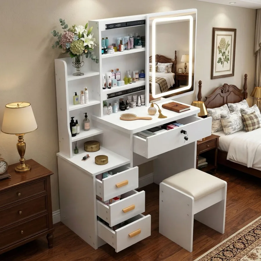 

Makeup Vanity Desk with LED Lighted Mirror and Makeup Stool 4 Drawers
