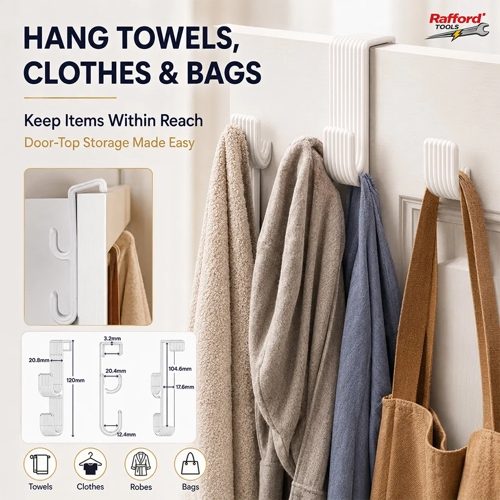Rafford 2PCS Over Door Hooks, No Drilling Towel Hanger for Bathroom Clothes Bags view 6