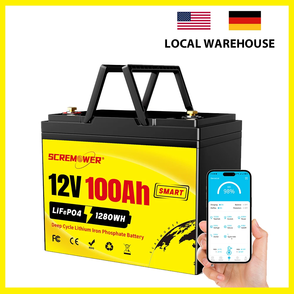 12V 100Ah LiFePO4 Lithium Battery with 100A Smart BMS,Max 1280Wh Energy,Group 24 Battery For RVs,Vans,Trailers,Motorhomes