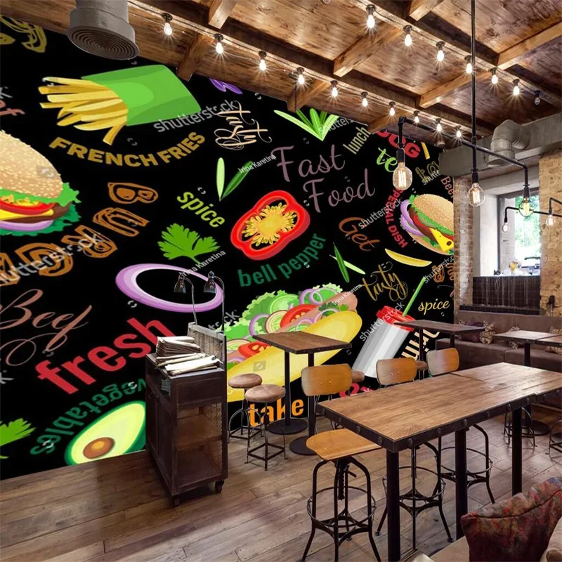 Custom Fast Food and Spices Mural Wallpapers 3D Western Fast Food Restaurant Snack Bar Industrial Decor Background Wall Paper 3D