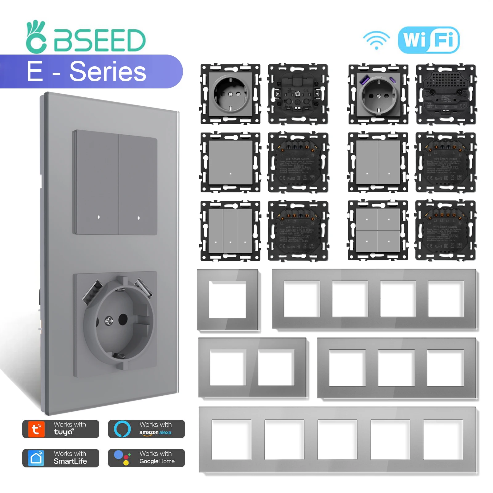 BSEED WIFI Click Switch Modules Smart Light Switch Parts Gray Glass Frame DIY Combination Wall Sockets USB Charge Key E-Series