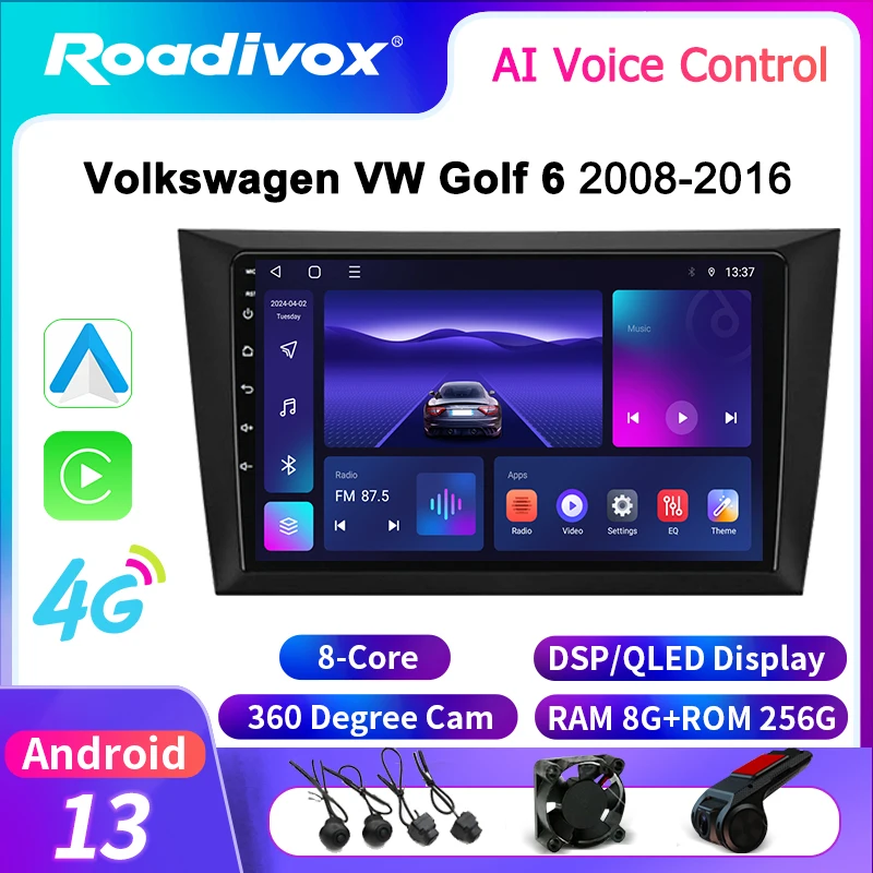 roadivox Android car radio for Volkswagen VW Golf 6 2008 2016 GPS Navigation video Multimedia Player tape recorder  carplay