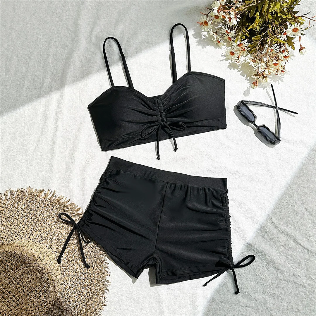 Geknitterte, geknotete Shorts, Bikini mit hoher Taille, Damen-Badeanzug, zweiteiliges Bikini-Set, Badebekleidung, Badeanzug, Schwimmanzug V6197 – Detail 22