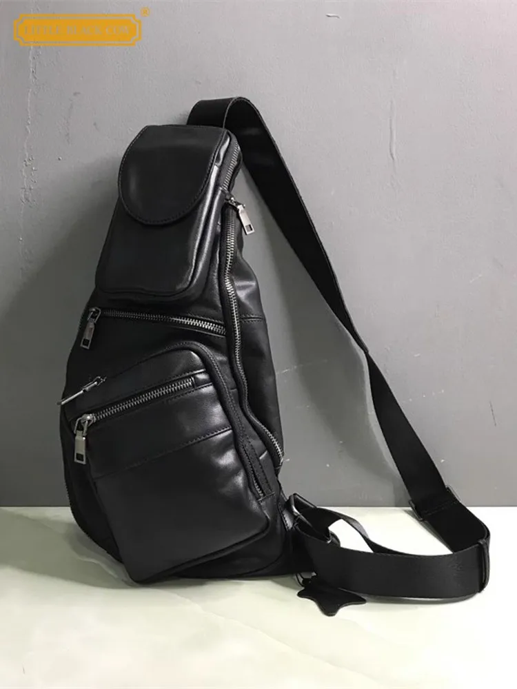 High Quality Durable Cowhide Genuine Leather Chest Bag Men Vintage Multi Pockets Travel Bags Strap Sling Crossbody Shoulder Bag