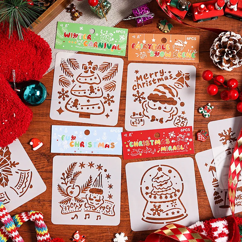 6pcs Christmas DIY Template Graffiti Painting Hollow Out Decorative Stencils Embossing Picture Book Decoration School Stationery