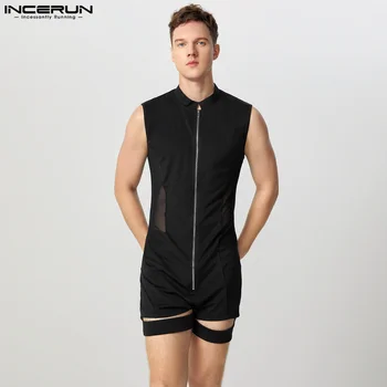 INCERUN 2024 American Style Jumspsuit Men's Sexy Casual Zipper Design Bodysuits Solid Thin See-through Sleeveless Homewear S-5XL