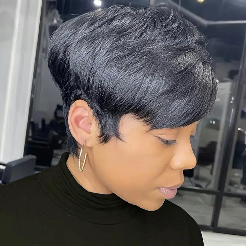 짧은 픽시컷 스트레이트 밥 100% 인모 앞머리 가발