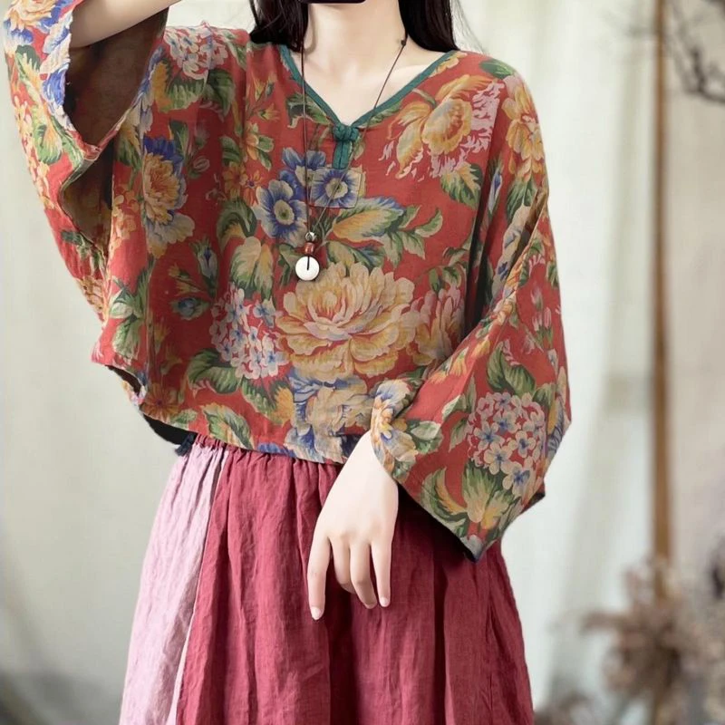 

V-Ne ort Хлопково-льняное платье Batwing Sve irt Женское традиционное повседневное удобное платье большого размера с принтом