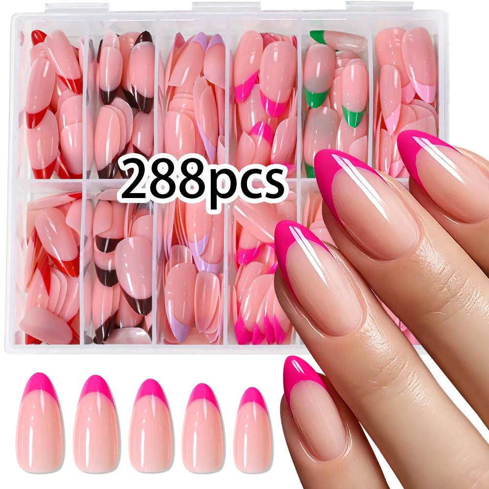150/288pcs French Nude Almond Fake Nails Full Cover Medium-Length Almond Tips Press On Nails Wearable Pre-Made Summer Fasle Nail