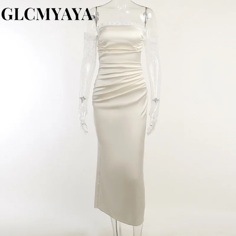 GLCMYAYA-vestido de encaje Vintage para mujer, manga larga, cuello de barco, pliegues empalmados, Bodycon, moda Formal, elegante, vestidos de noche, 2023