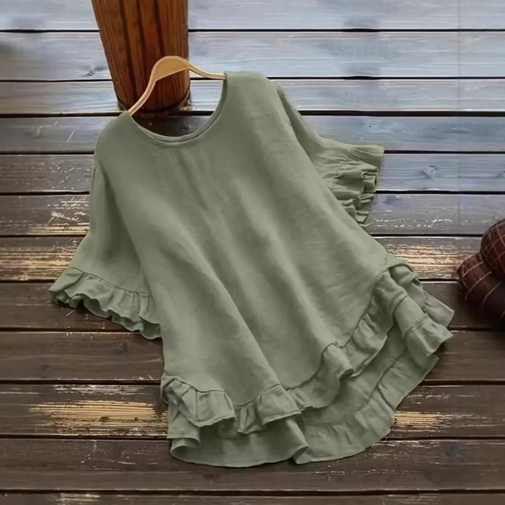 

Women Tee Buttonless Ice Silk Pleated Ruffle Front Short Back Long Flared Sleeves Round Neck Solid Color Ruffle Sleeve Shirt