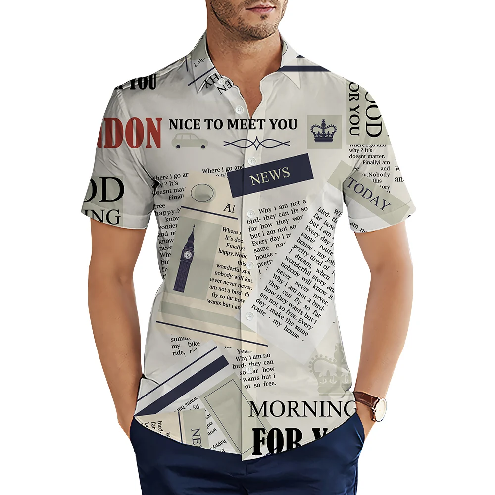 CLOOCL Men Shirts Vintage British Old Newspaper 3D All Over Print Shirt Summer Short Sleeve Single Breasted Men Shirt Casual Top