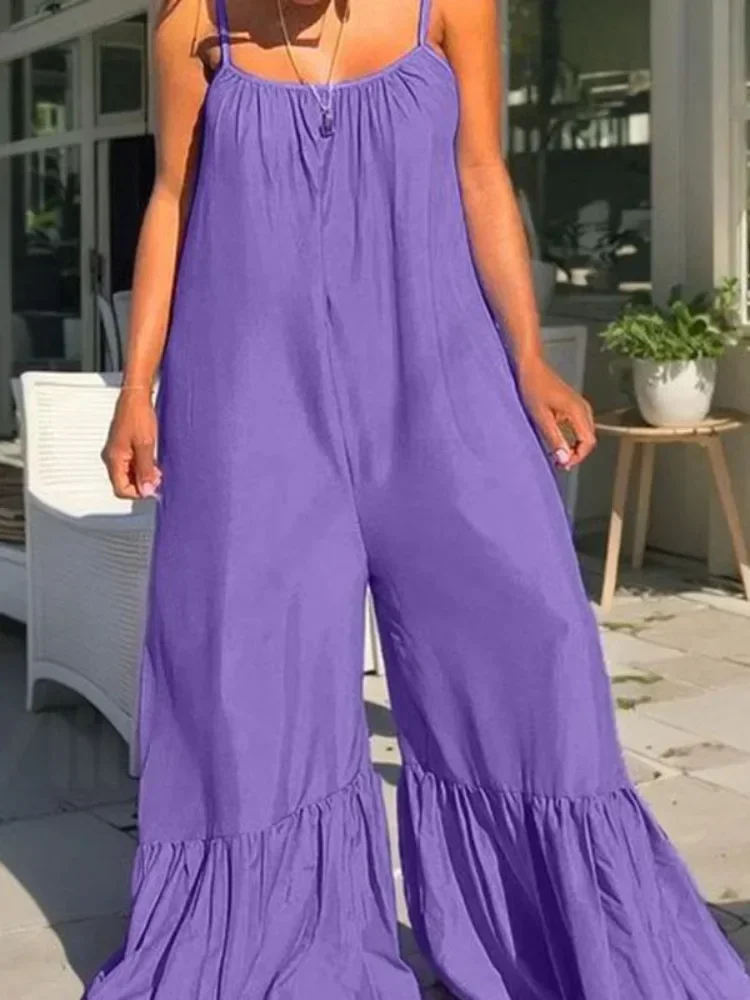 Uoozee Jumpsuits For Women 2024 New Summer Sleeveless Fashion Solid Color Spaghetti-Neck Casual Going Out Wide Leg Jump Suits