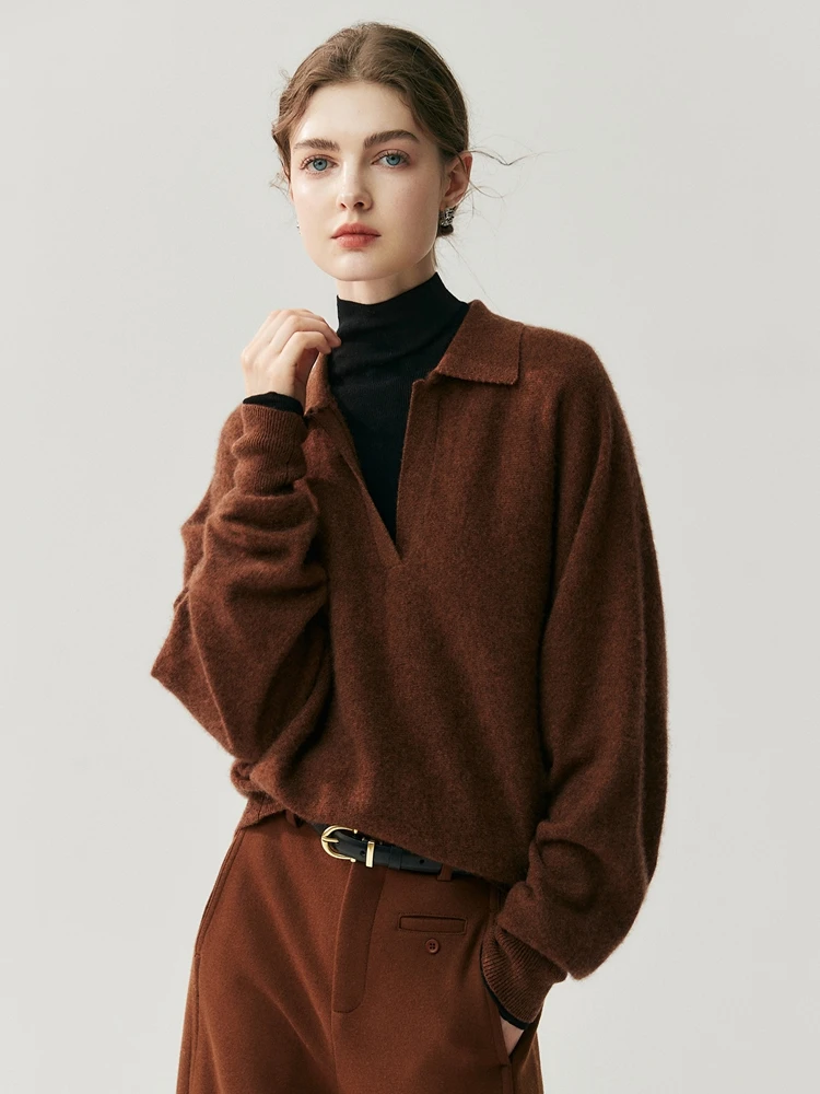 

Loose Women Polo Big V-neck Pullover Sweater 100% Cashmere Knitwear Autumn Winter Office Lady Classic Korean Popular Clothes Top