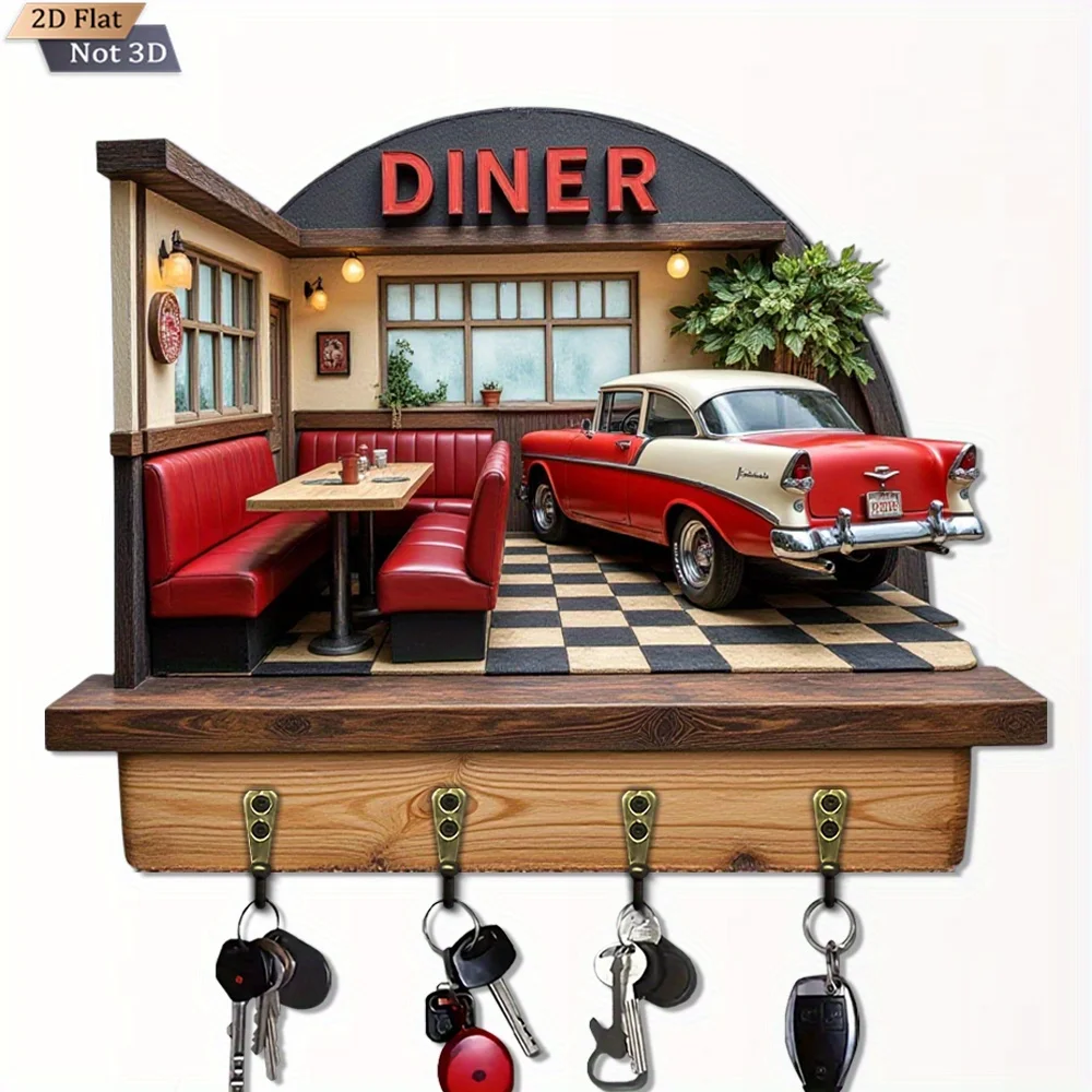 2D Plane, 1pc, Retro American Diner Style Key Hook Wooden Multi-Functional Home Key Rack, with Four Metal Hooks, Wall