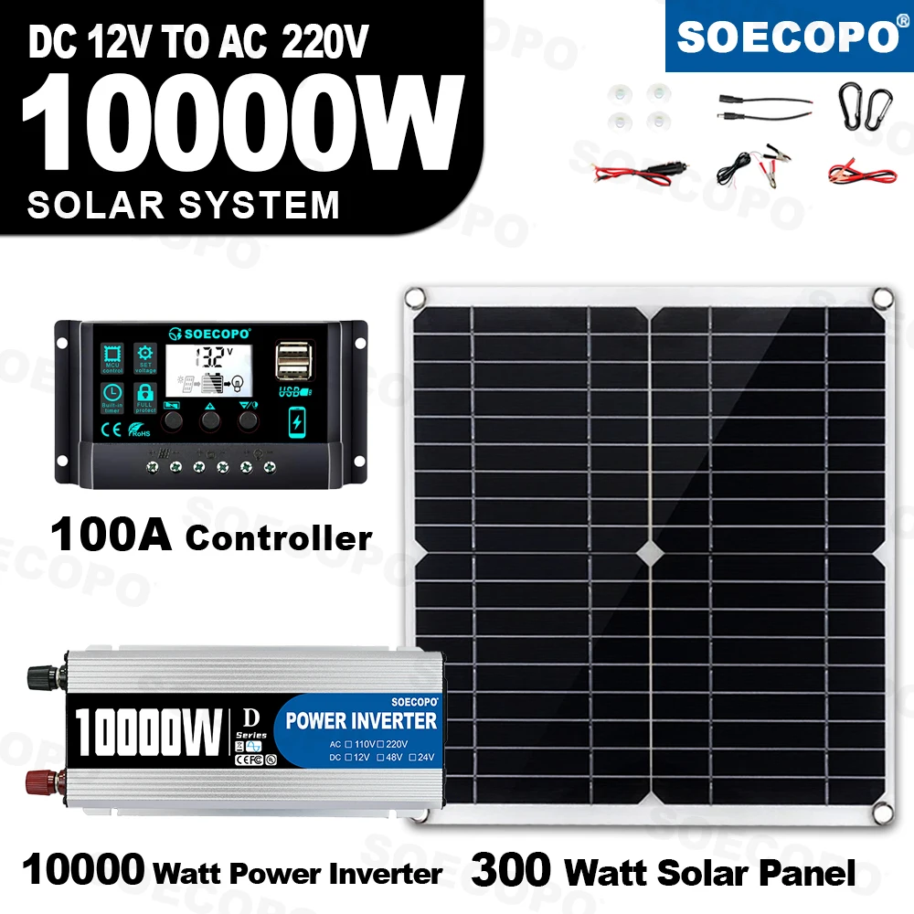 10000W Solar System Complete Set Dual USB Inverter 220V 300W Solar Panel 100A Controller for RV Camping Home Backup CE FCC