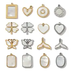 3 stks/partij Franse Rvs Ronde hartvormige Shell Zirkoon Charms Klaver Vlinder Ketting DIY Kleine Hanger Accessoire