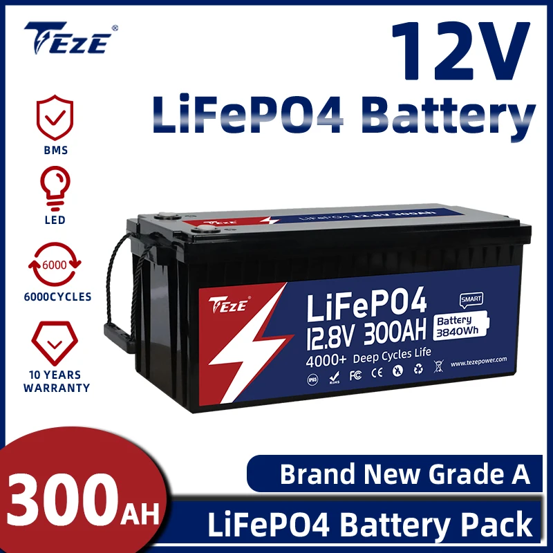 TEZE 12.8V 300Ah LiFePO4 Battery Pack Built-in BMS 6000 Cycles Rechargeable Energy Storage System For RV Campers Golf