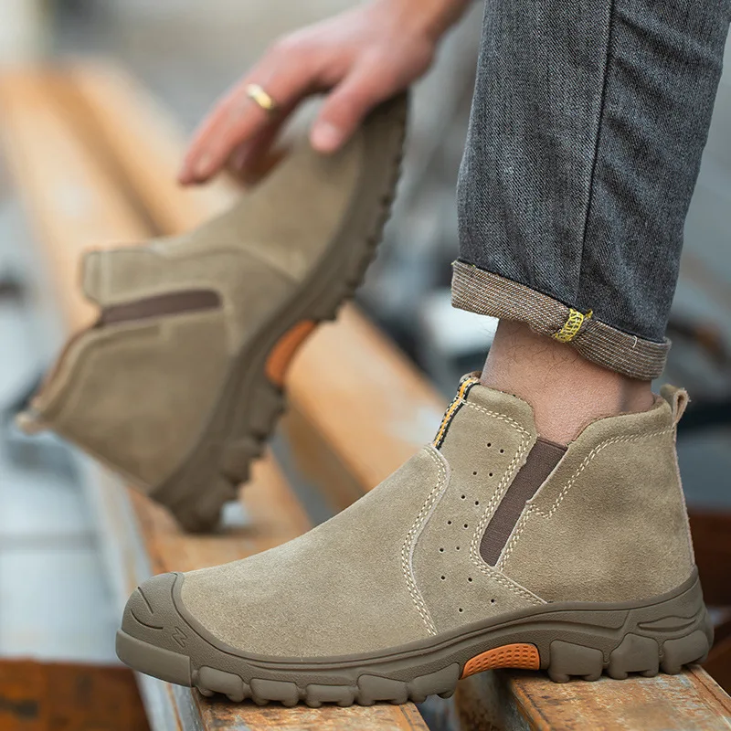 

men fashion breathable steel toe covers working safety boots slip-on cow suede leather welding shoes worker security footwear