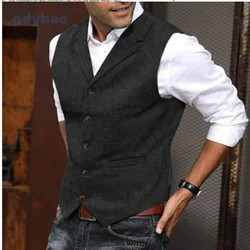 Men's Casual Classic Suit Vest V Neck Herringbone Tweed Slim Fit Business Waistcoat For Wedding