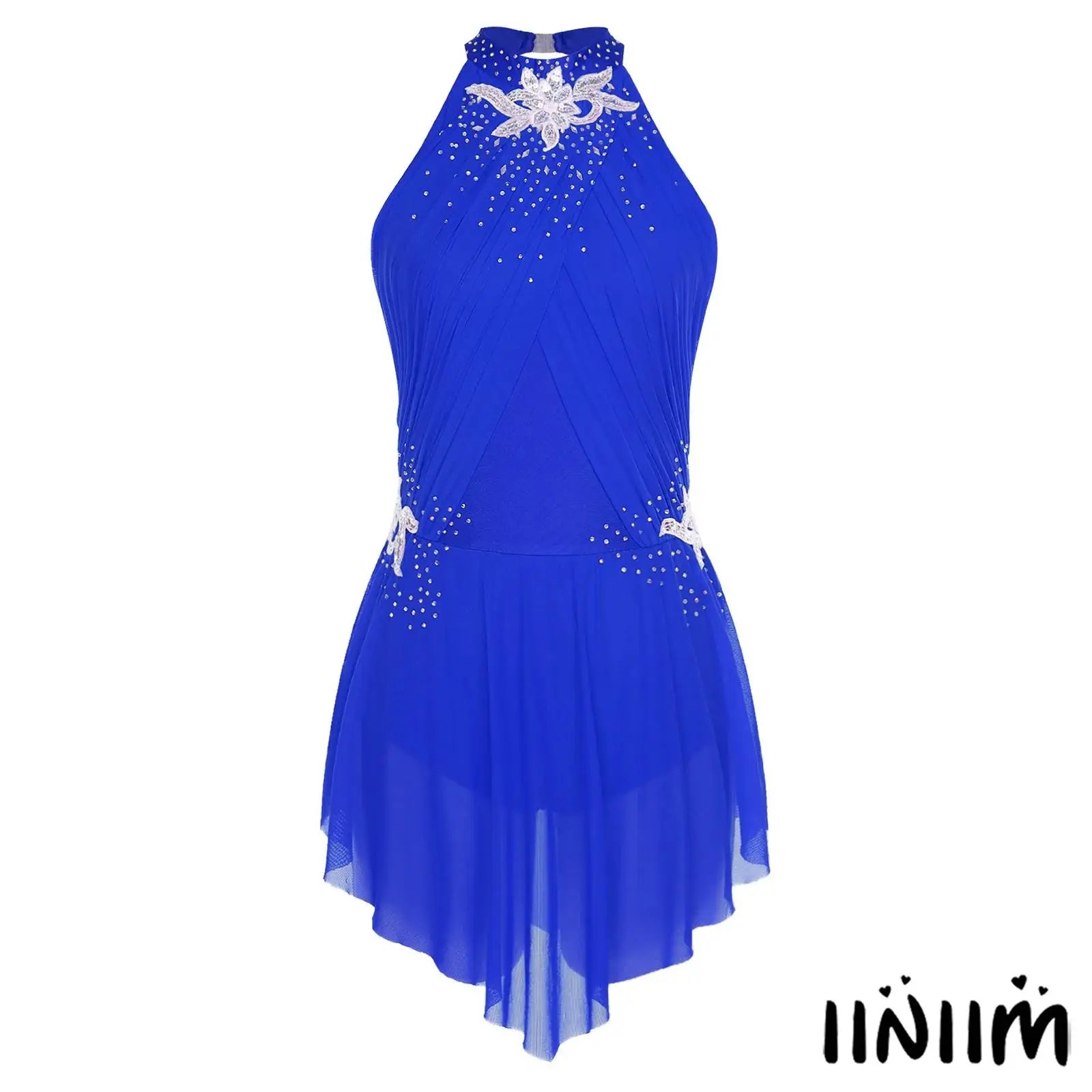 Vestido de baile lírico brillante para mujer, capas de malla fruncida con diamantes de imitación para puesta en escena, patinaje artístico, fiesta de gimnasia