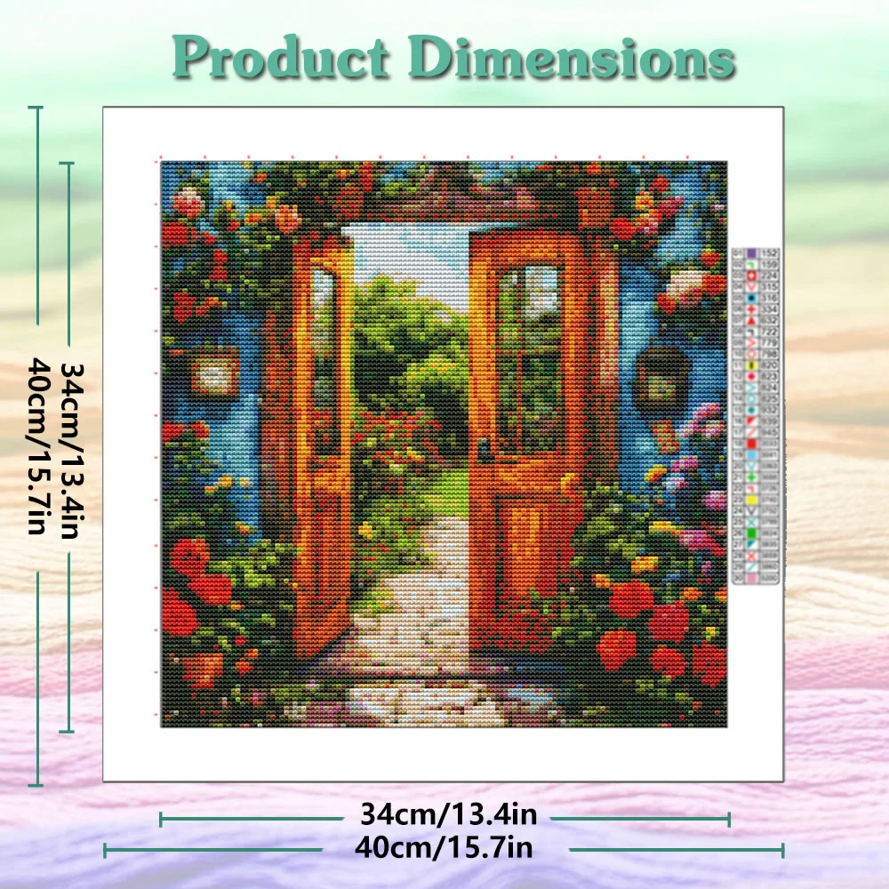 1pc Landscape Theme Stamped Cross Stitch Kit Blue Wall Wooden Flower Gate Courtyard Diy Kit 11ct Diy Embroidered Set Painting