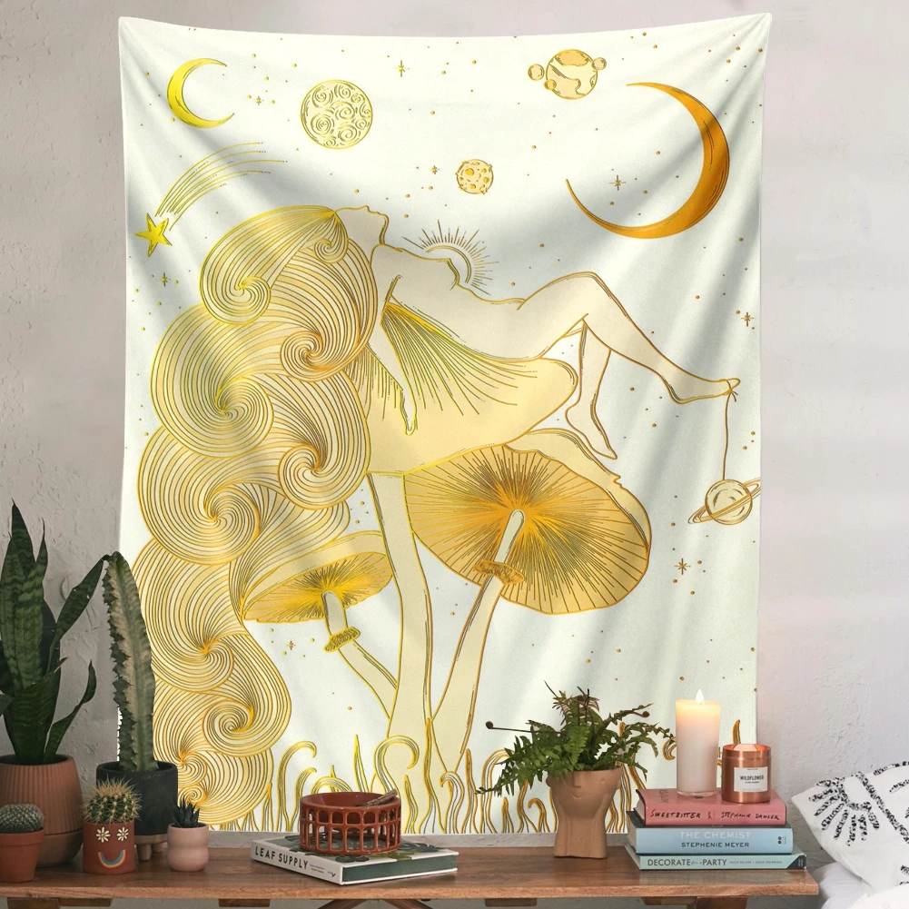 Gold Mushroom Woman Wall Tapestry Magic Psychedelic Art Tapestries Wall Hanging Gold Divine Feminine Hippie Home Decoration